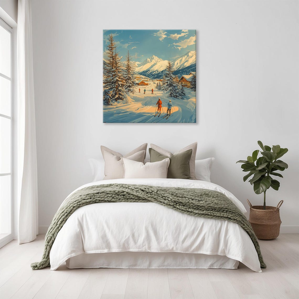 Vintage Alpine Ski Village Scene With Snowy Mountain Peaks Wall Art