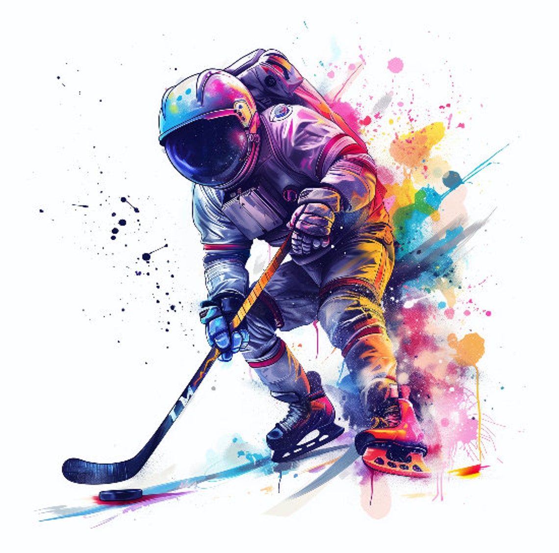 Astronaut Ice Hockey Player Colorful Space Watercolor Poster - Image 3