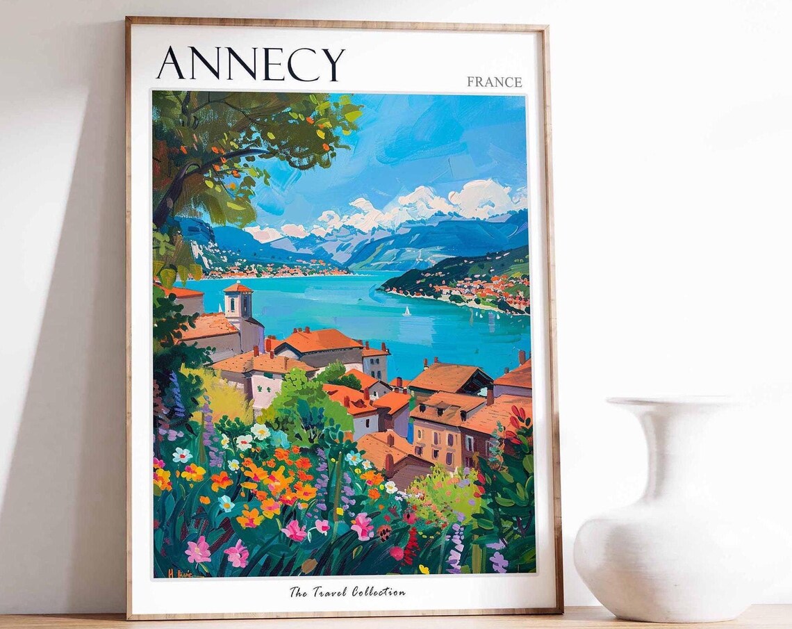 Annecy France Painted Lake Town Wildflower Vintage Travel Poster Art