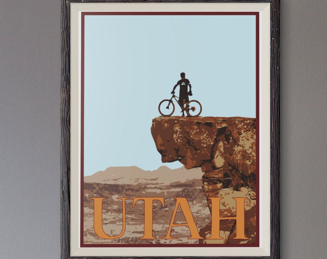 Utah Mountain Biker Red Rock Desert Cliff Vintage Travel Poster