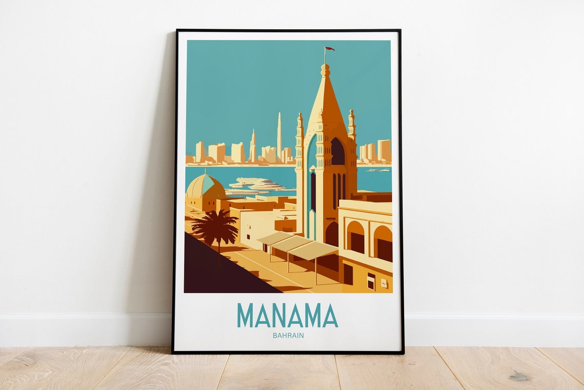 Manama Bahrain Waterfront Skyline Retro Vintage Travel Poster