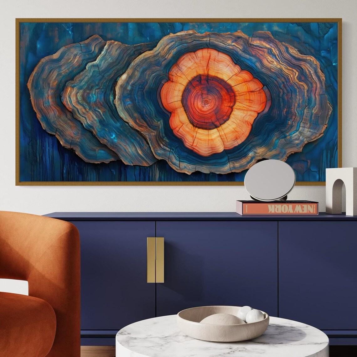 Old Tree Trunk Vibrant Wood Slice With Blue Orange Tones Abstract Nature Print For Rustic Modern Decor Perfect Above Bed - Image 5