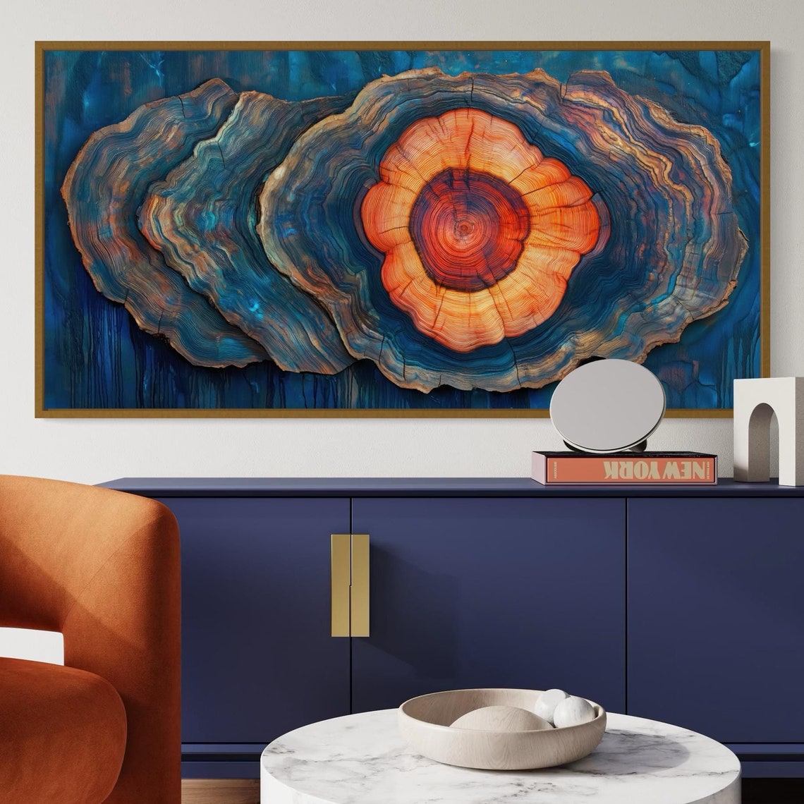 Wood Slice Tree Rings Art Deep Blue Orange Agate Abstract Wall Print - Image 5
