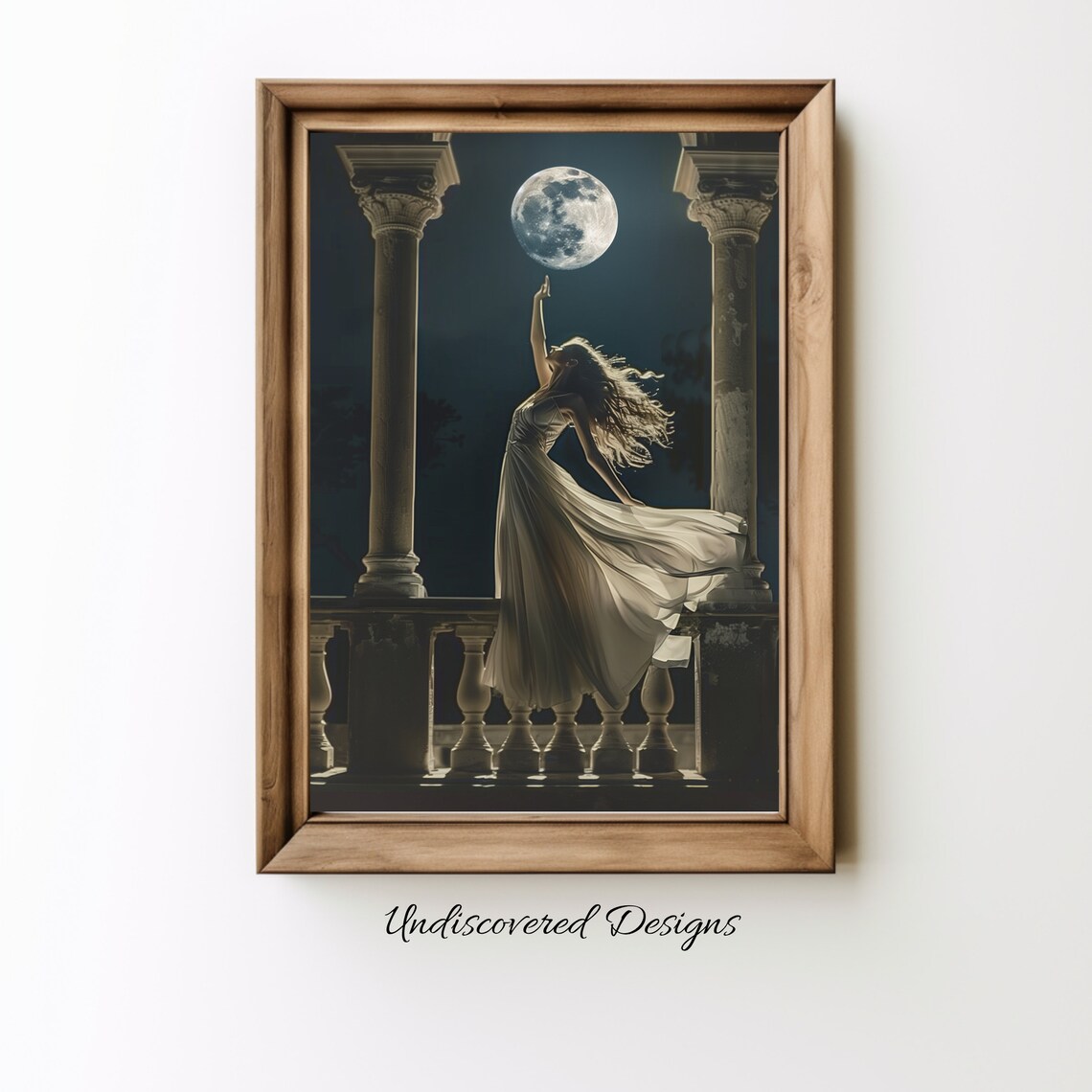 Woman Reaching for the Full Moon Balcony Vintage Oil Painting Print