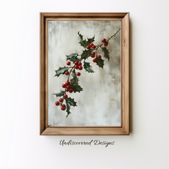 Holly Branch With Red Berries Vintage Christmas Botanical Poster