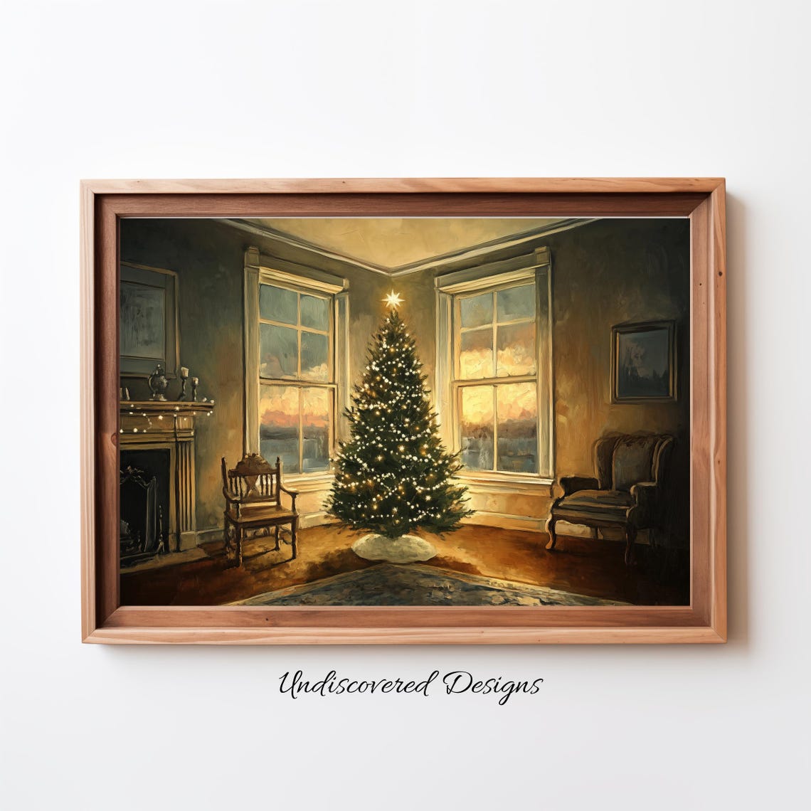 Lit Christmas Tree Between Two Windows Cozy Evening Corner Room Poster