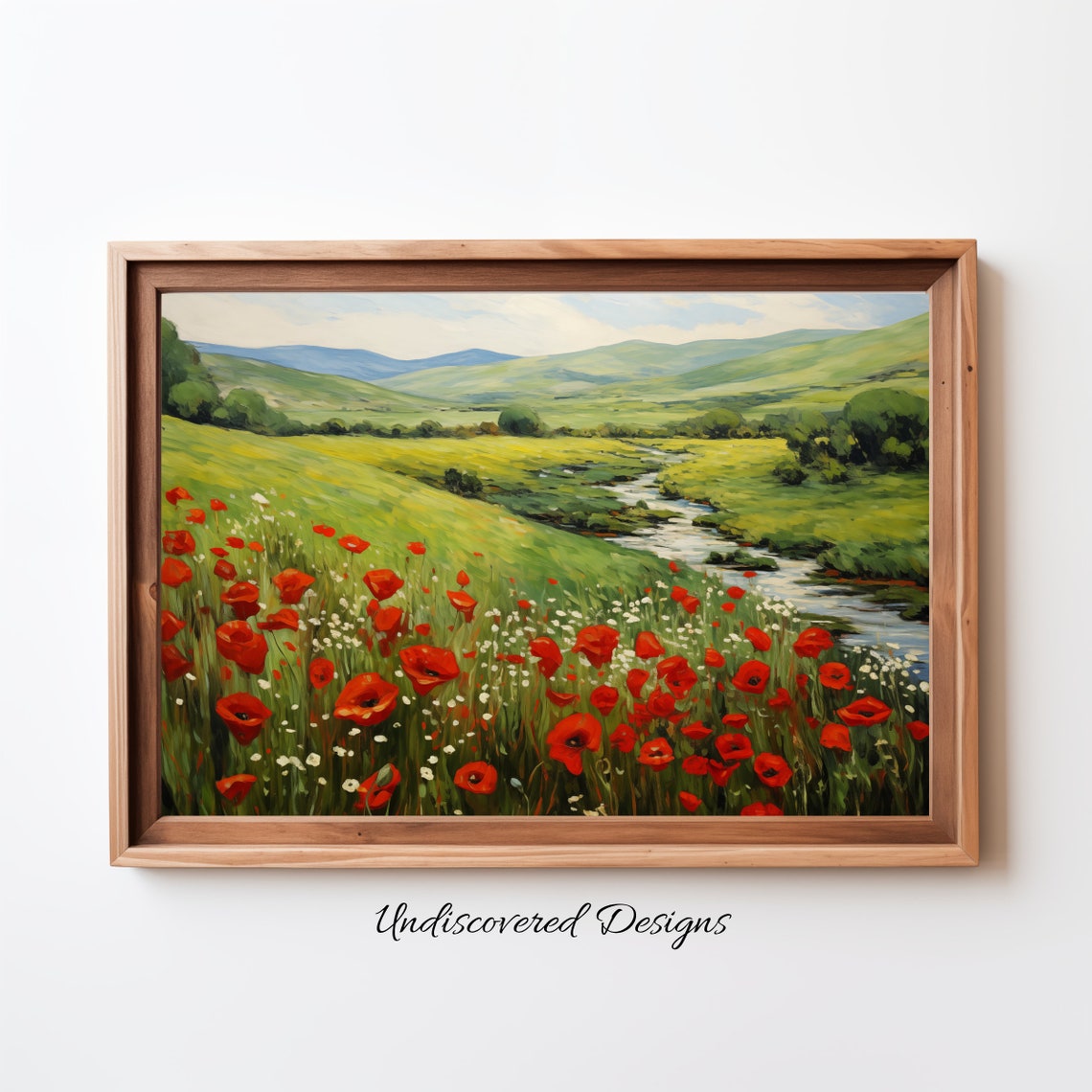Red Poppy Field By Stream Green Rolling Hills Landscape Wall Art