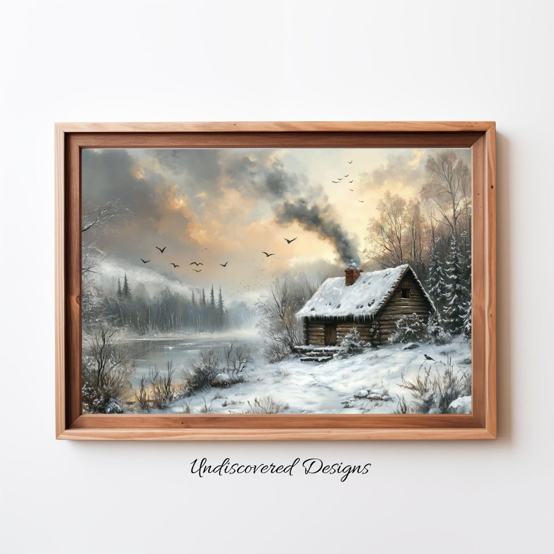 Snow Covered Log Cabin In Winter Forest Vintage Painting Poster