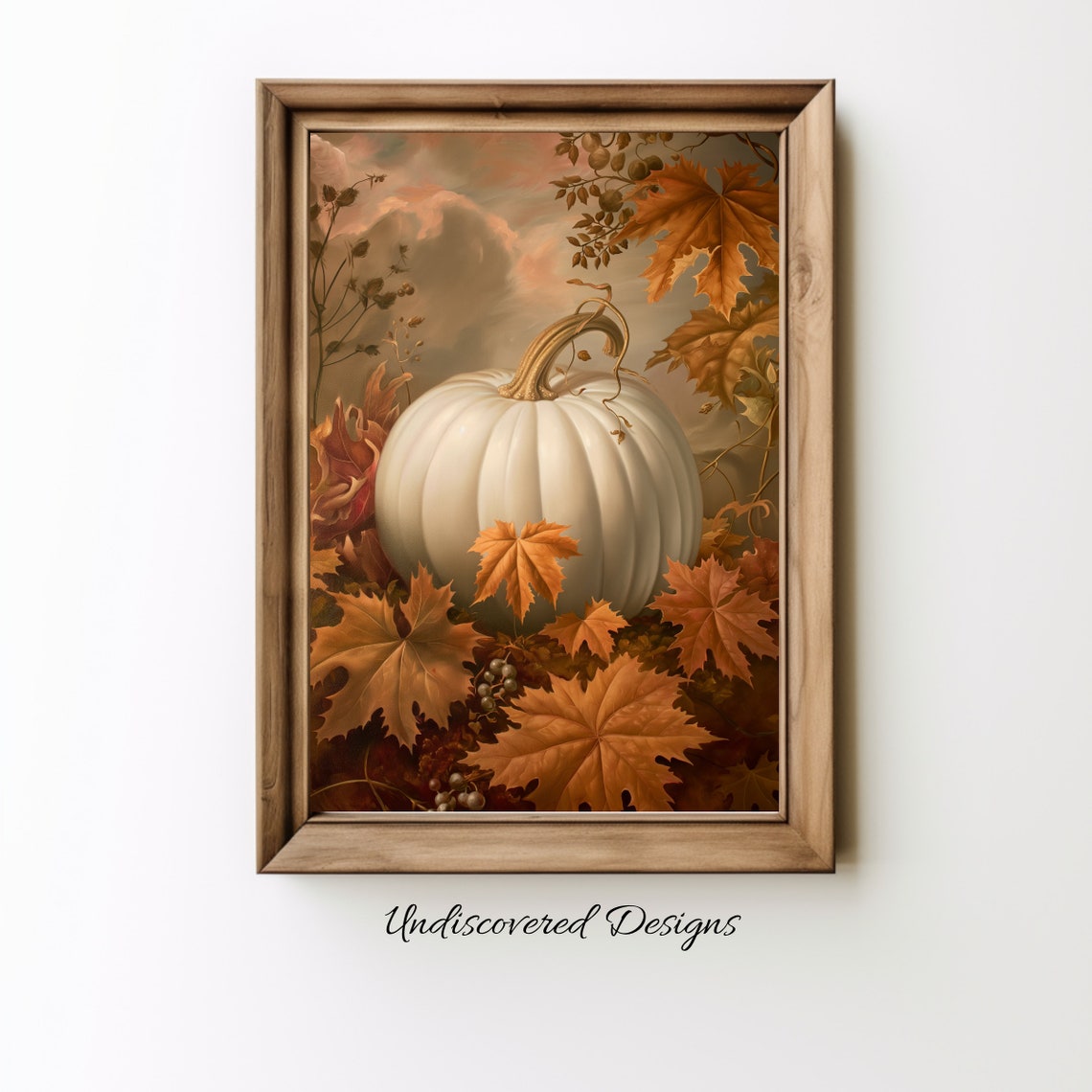 Vintage White Pumpkin Still Life Painting Rustic Fall Art