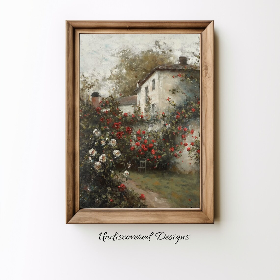 Vintage Rose Garden Cottage Red Climbing Roses Oil Art Poster