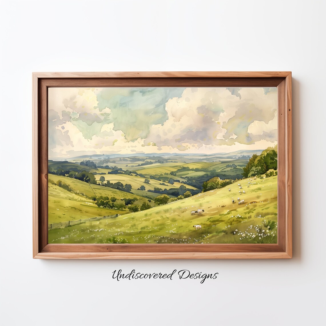 Rolling Green Hills Watercolor Painting With Sheep Pasture Poster