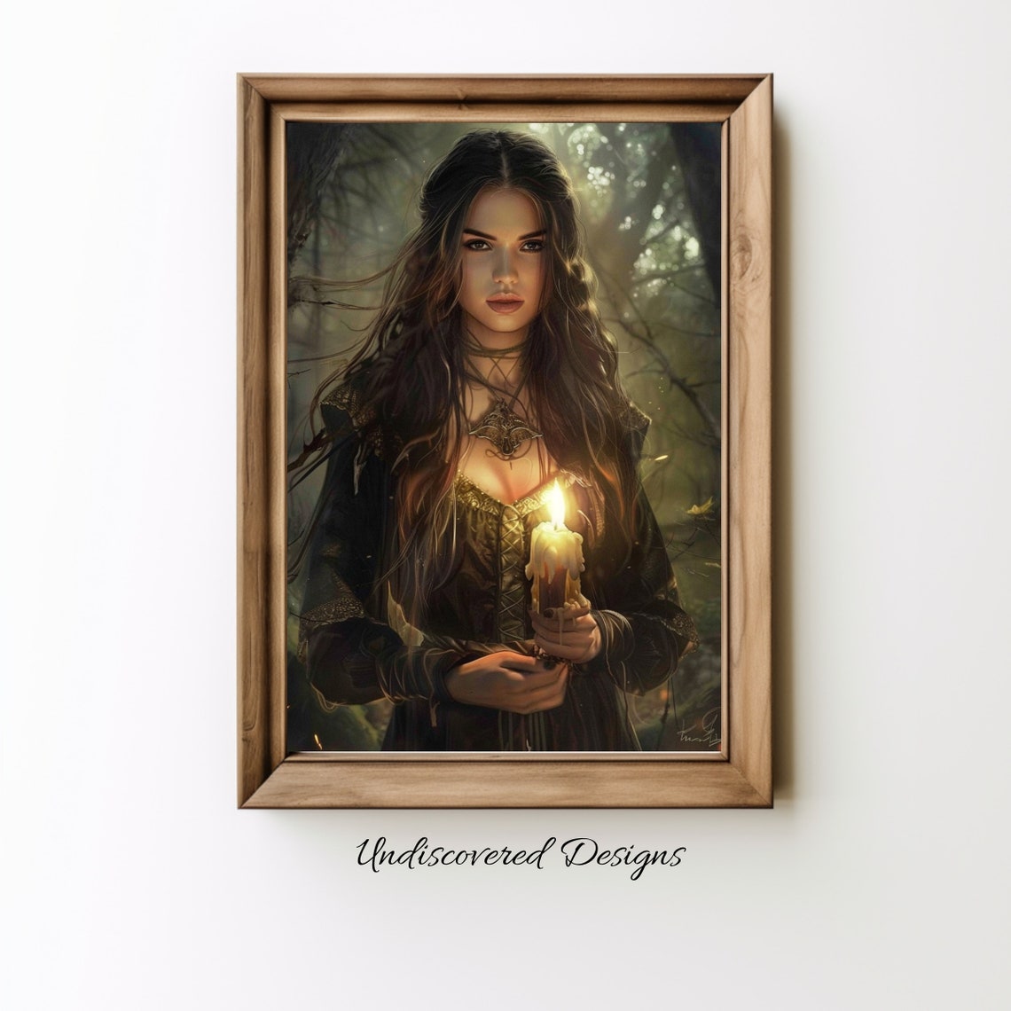 Enchanted Woman Holding A Glowing Candle In A Dark Forest Poster