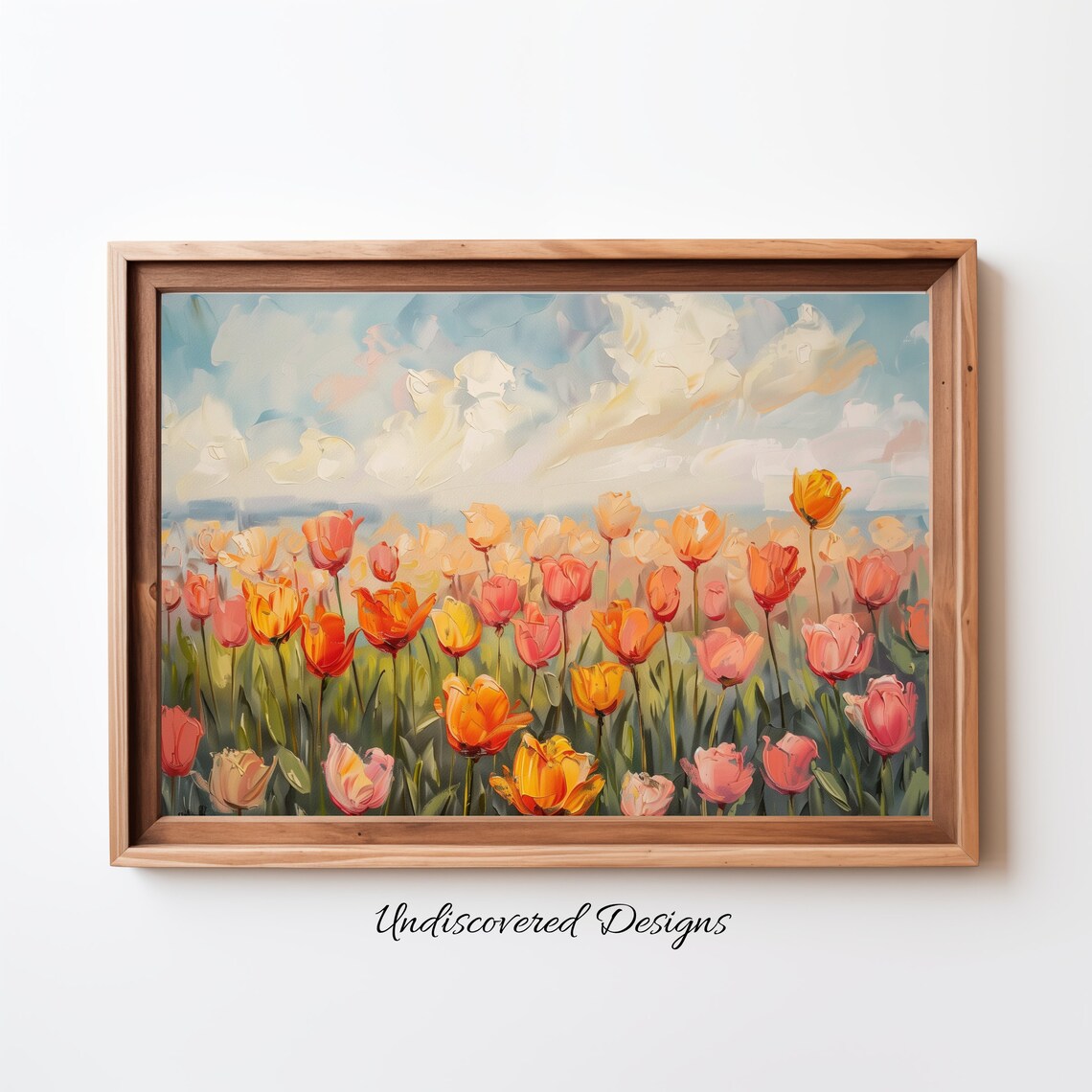 Vintage Tulip Field Oil Painting With Pink Orange Blooms Poster
