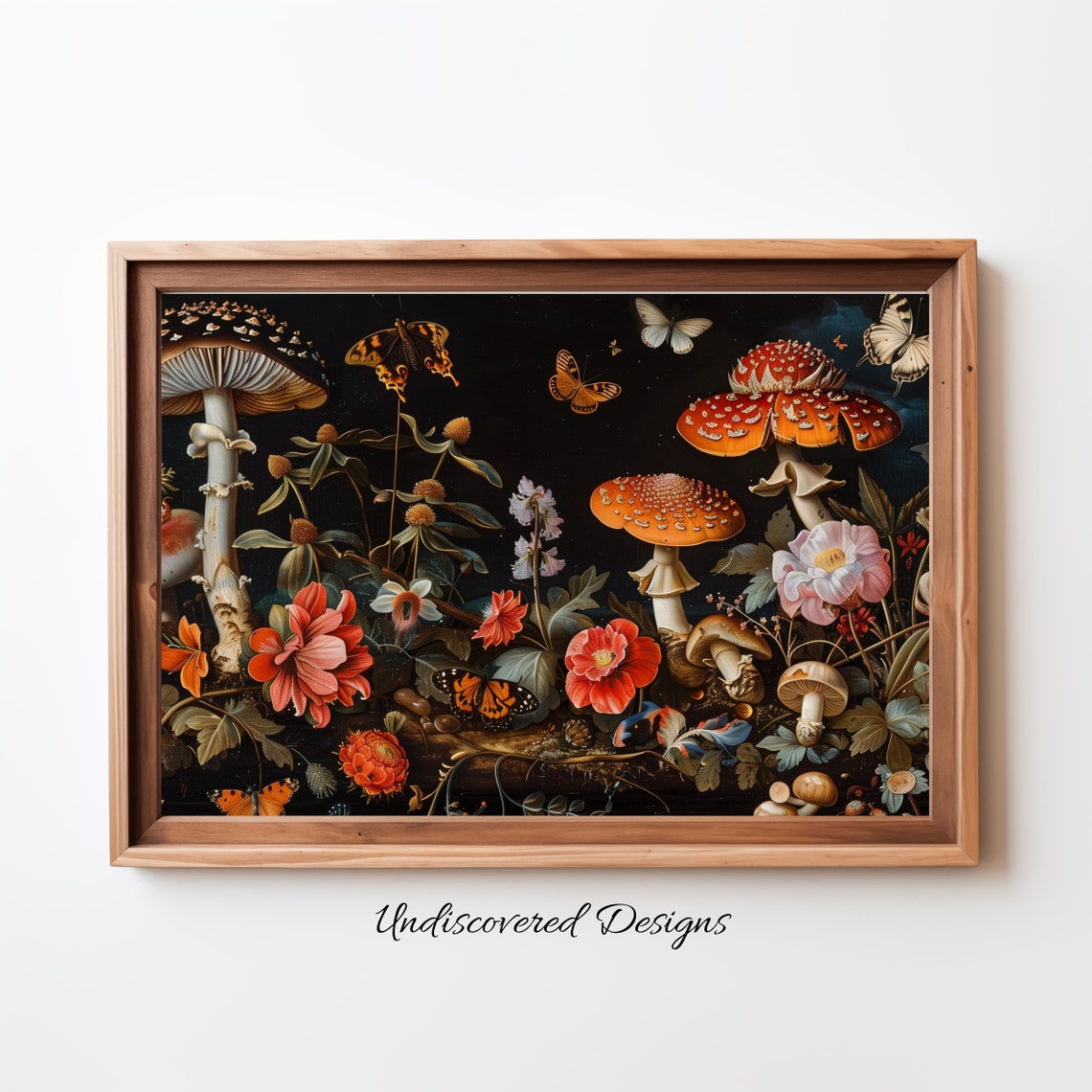 Mushrooms And Flowers With Butterflies Botanical Still Life Poster