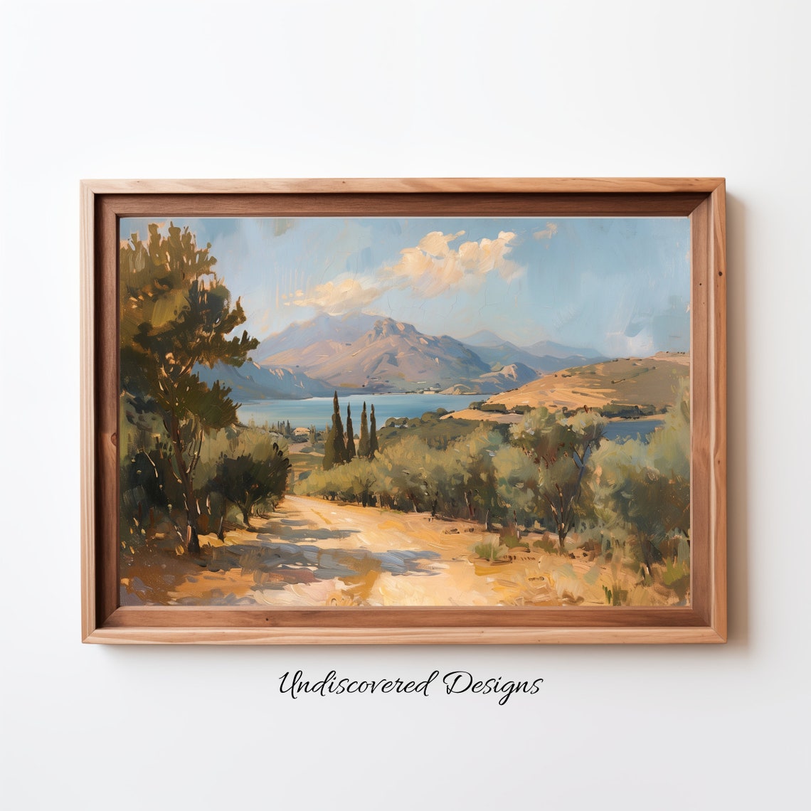 Vintage Greek Countryside Olive Trees Cypress Lake Mountains Poster
