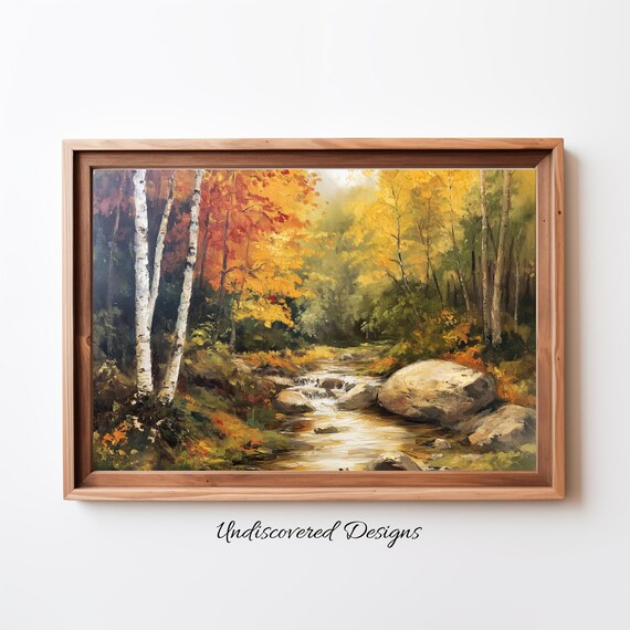 Golden Birch Trees Autumn Stream Rocks Vintage Oil Painting Poster