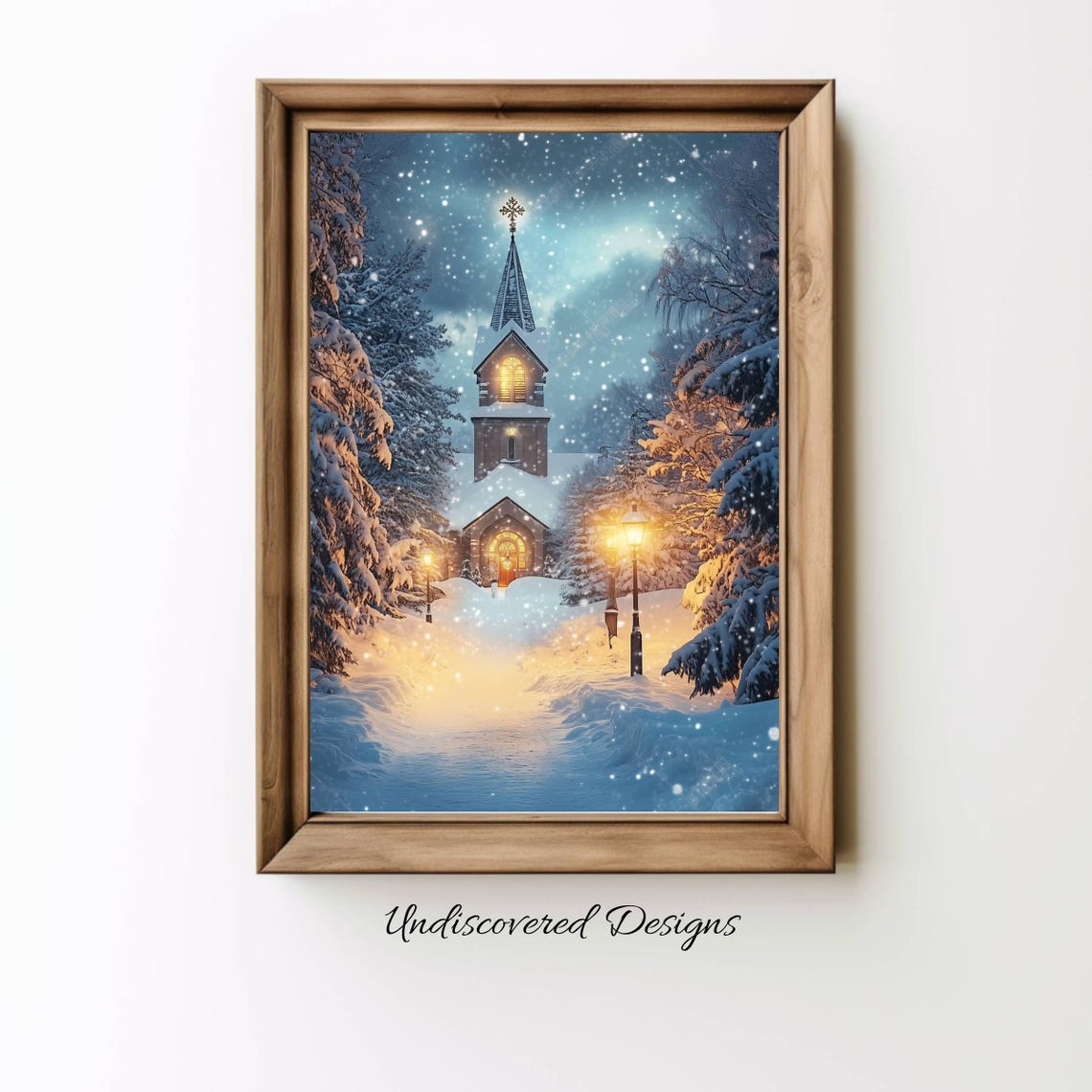 Cozy Christmas Church in Snowy Night Glow Winter Holiday Poster