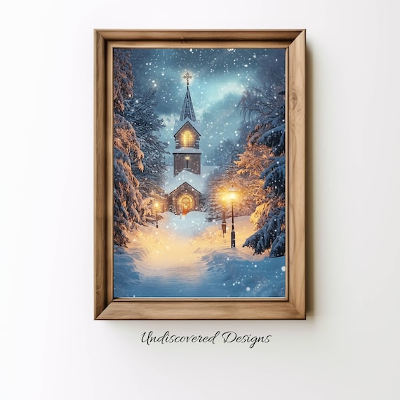 Cozy Christmas Church in Snowy Night Glow Winter Holiday Poster