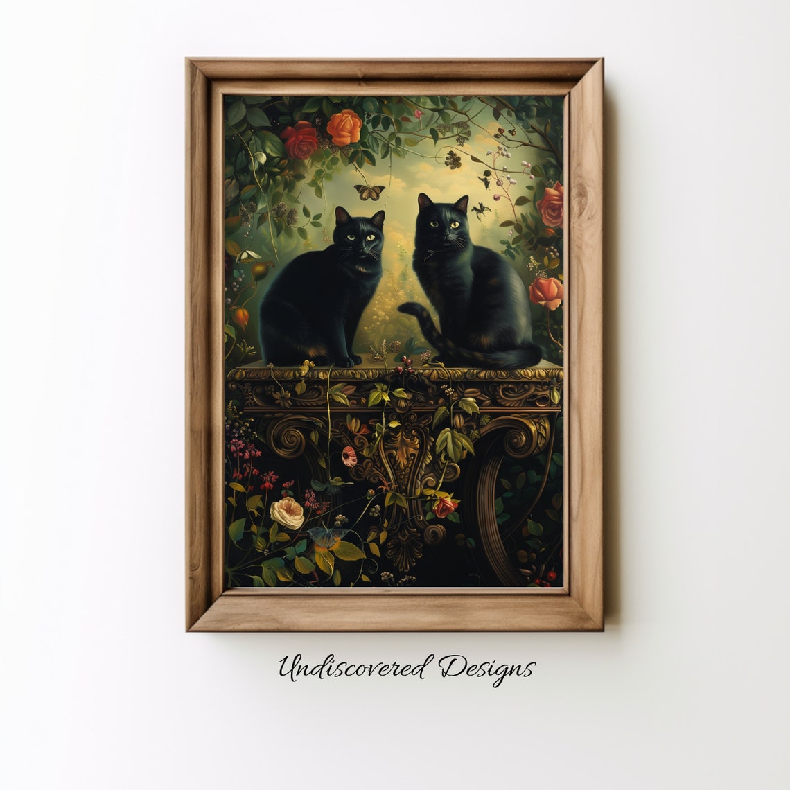 Two Black Cats On Flower Draped Table Dark Gothic Art Poster
