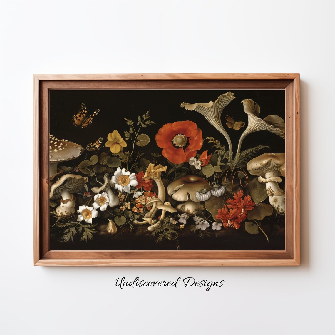 Vintage Mushroom and Wildflower Botanical Dark Still Life Poster