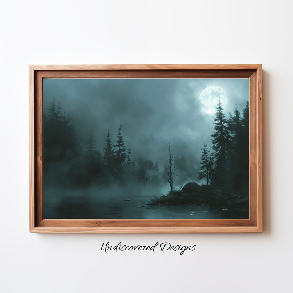 Misty Pine Lake Under Full Moon Foggy Night Forest Painting Print