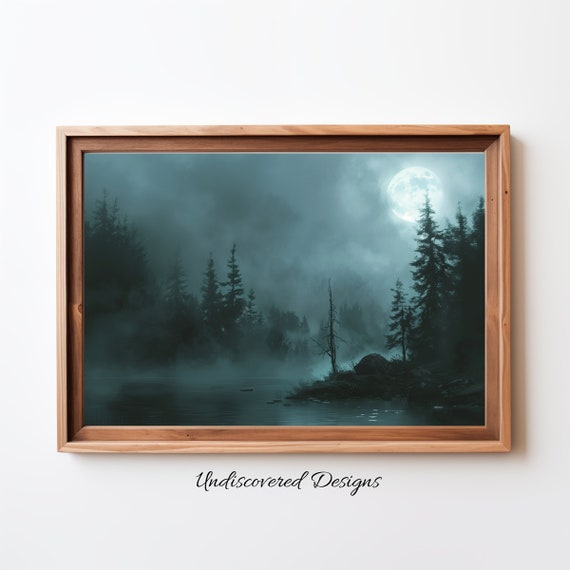 Spooky Full Moon Lake Vintage Art Print Halloween Decor Prints