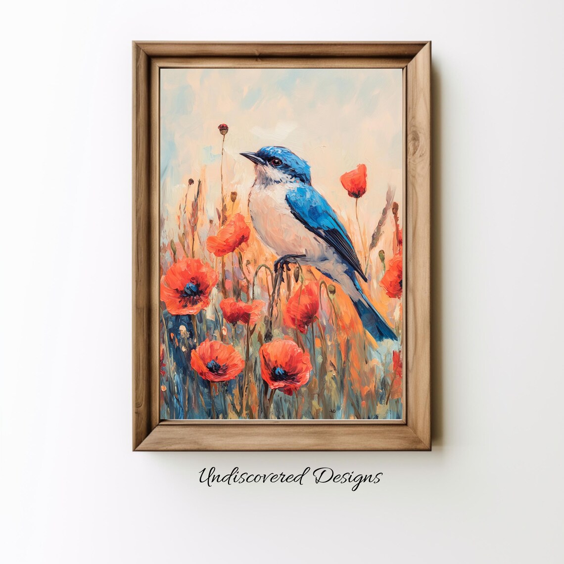 Bluebird Among Red Poppies Vintage Farmhouse Spring Bird Art Poster