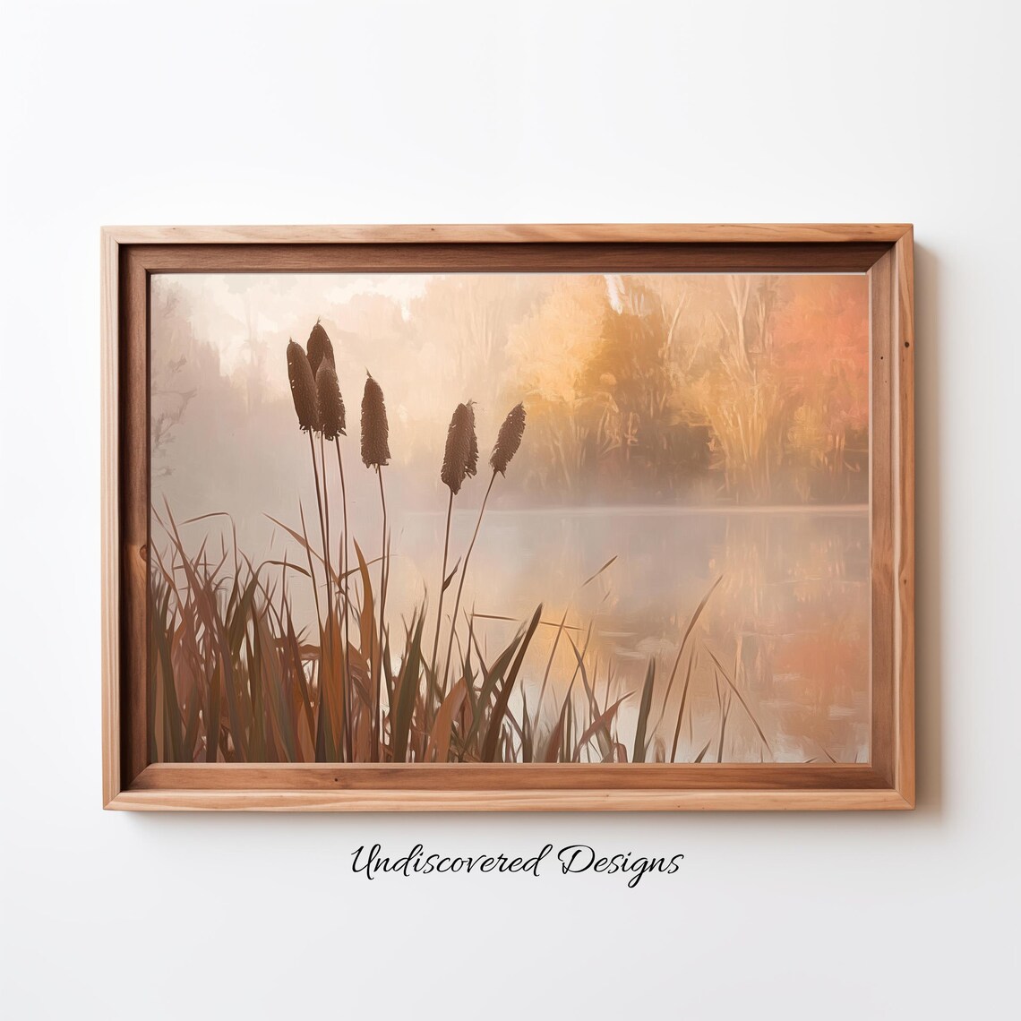 Misty Lake Cattails at Sunrise Vintage Nature Painting Fall Poster