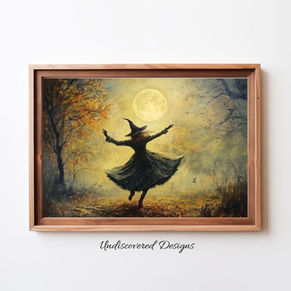 Witch Dancing Under The Full Moon Spooky Halloween Art Dcor Wall Vintage Prints Oil Painting