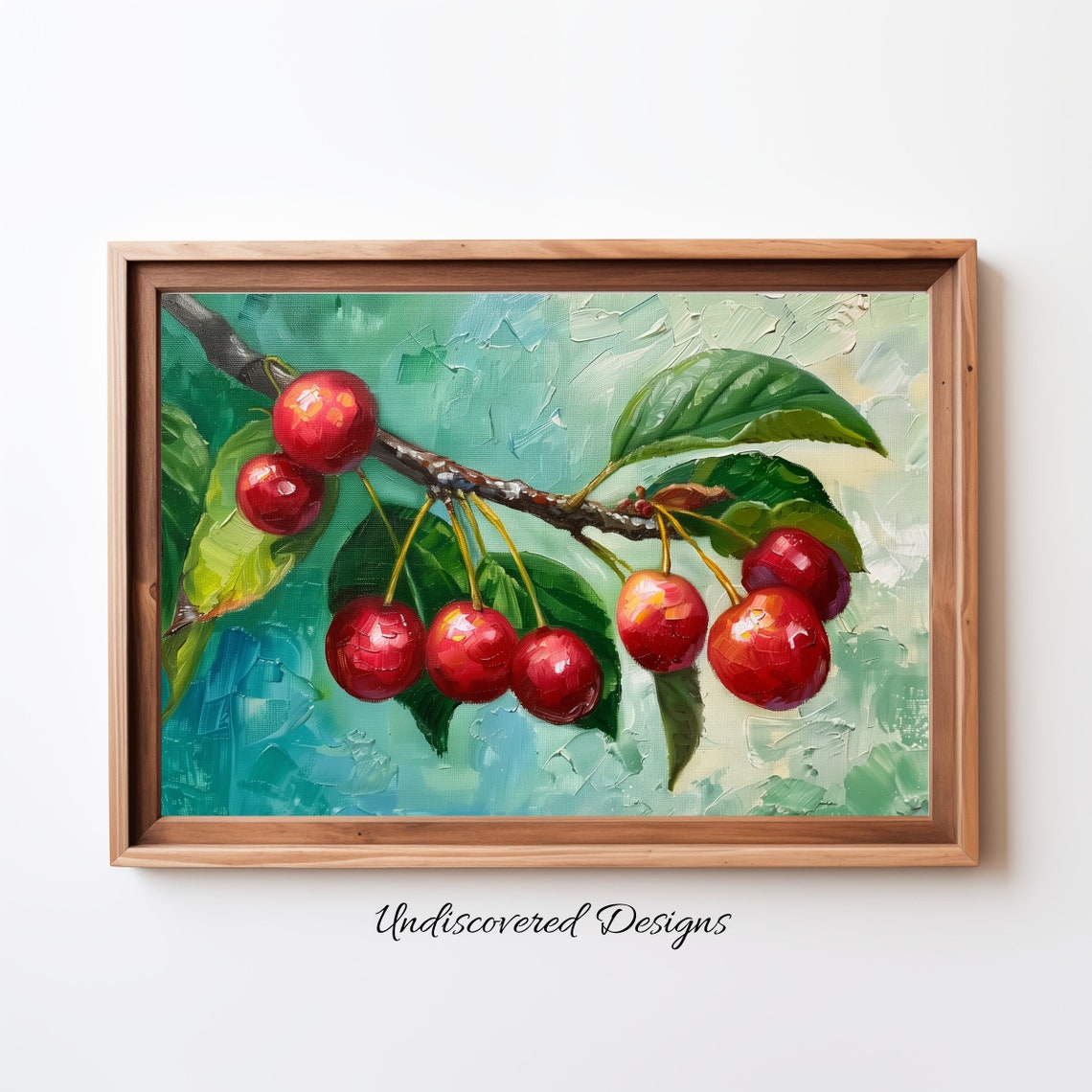Red Cherries On Branch With Green Leaves Oil Painting Art Poster