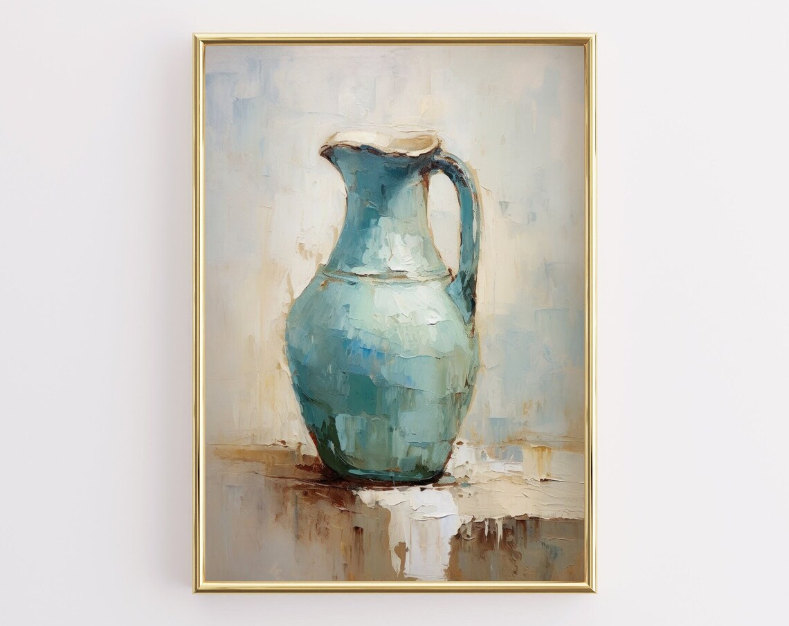 Turquoise Ceramic Pitcher Oil Painting Still Life Kitchen Wall Art