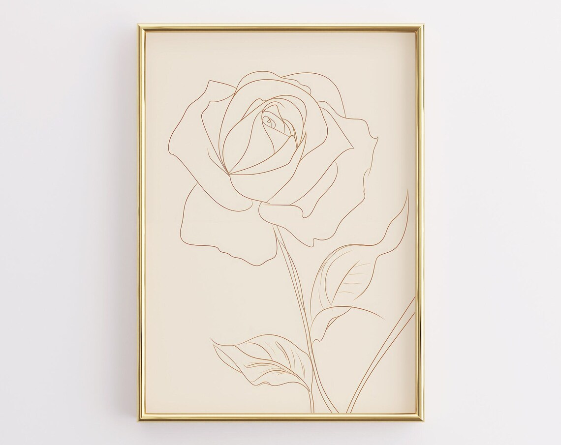 Rose Line Drawing Minimalist Beige Botanical Flower Sketch Poster