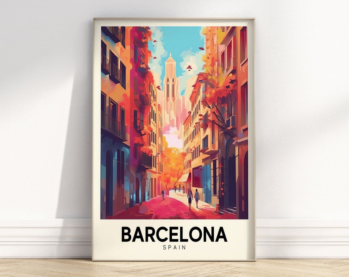 Barcelona Spain Retro Gothic Quarter Street Colorful Travel Poster