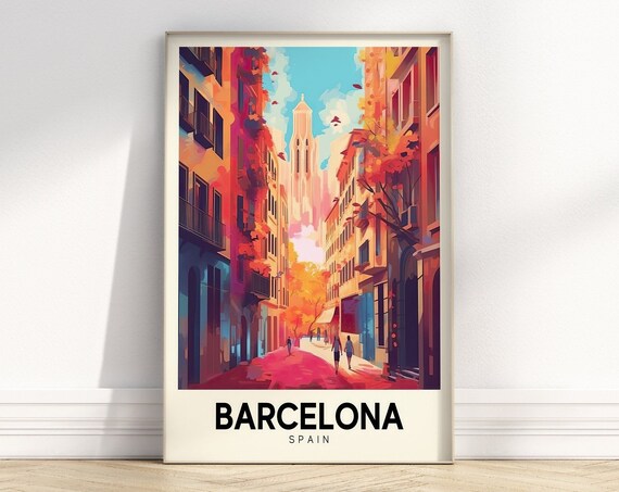 Barcelona Spain Retro Gothic Quarter Street Colorful Travel Poster