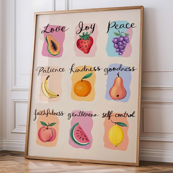 Fruit of the Spirit Nine Watercolor Fruits Hand-Lettered Virtues Poster