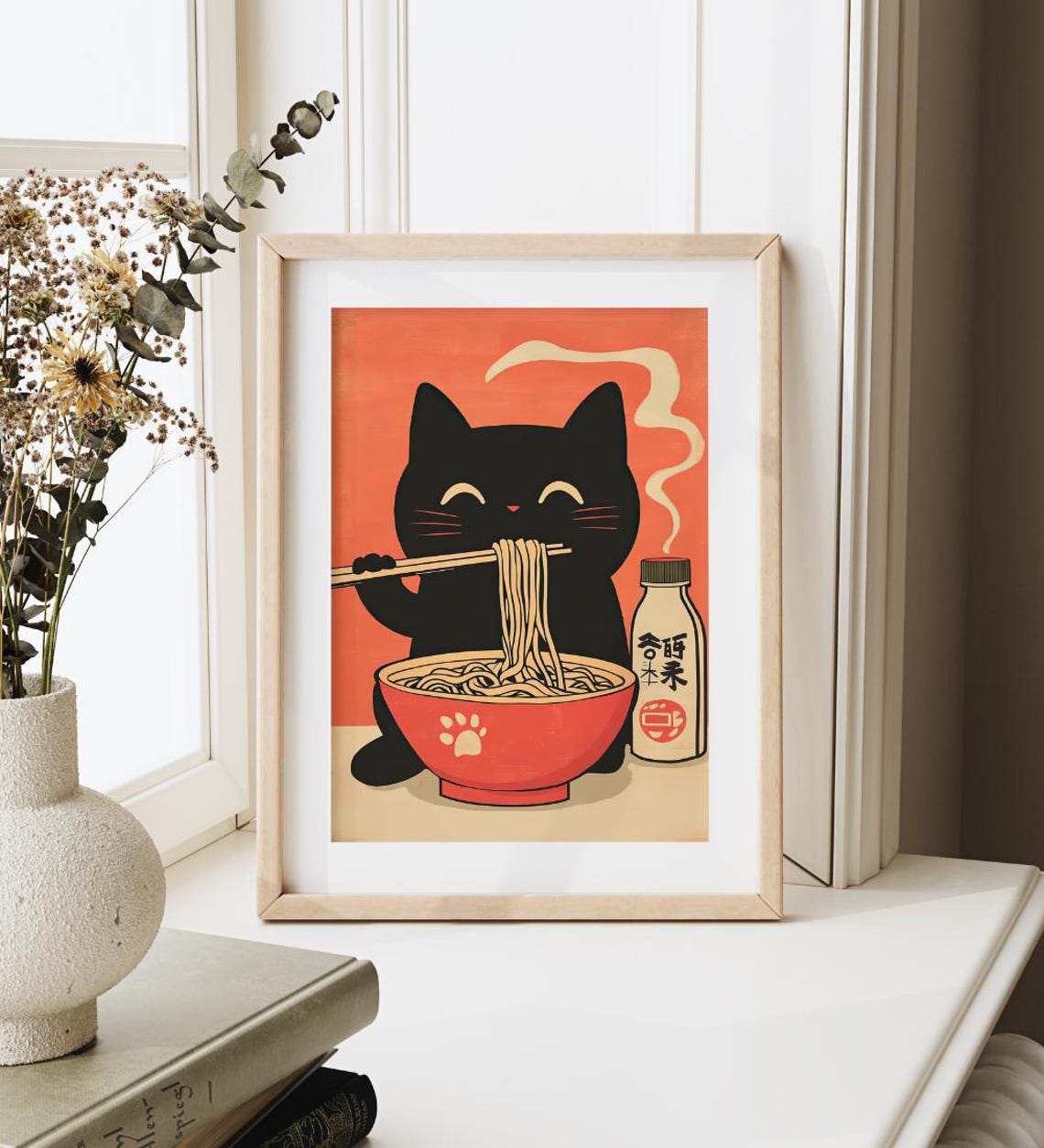 Black Cat Eating Ramen With Chopsticks Retro Japanese Food Poster Art - Image 4