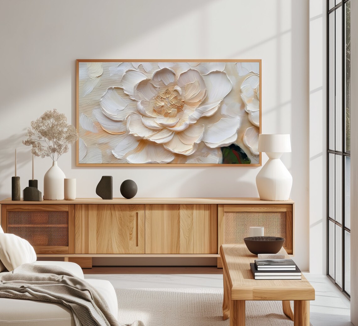 White Peony Close Up Textured Impasto Floral Oil Painting Poster - Image 3