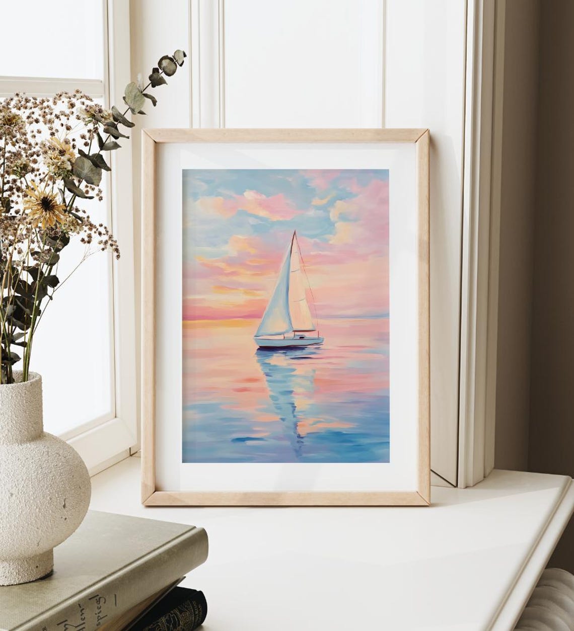 Pastel Sunset Sailboat Painting Pink Blue Ocean Reflection Wall Poster - Image 3