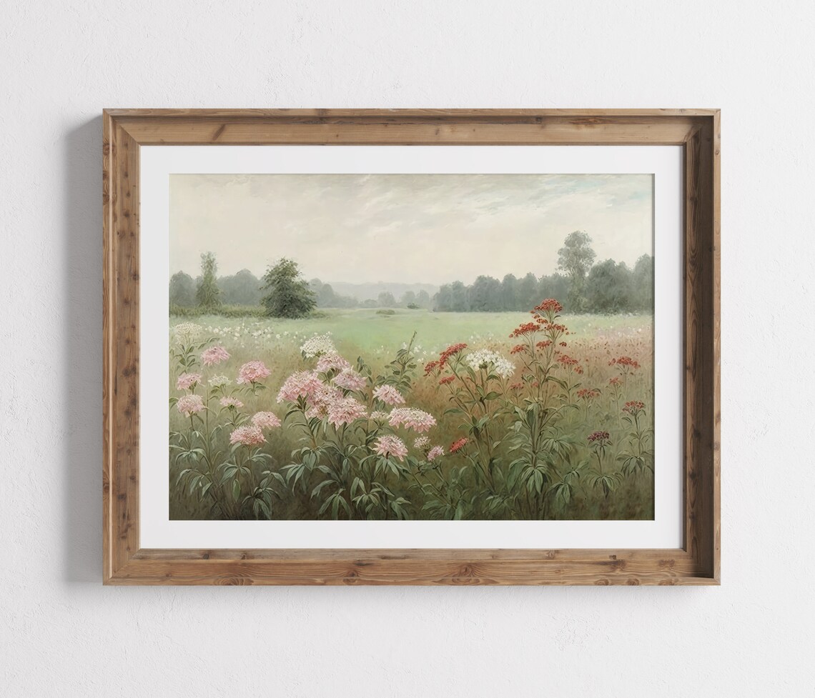 Pink Wildflower Meadow Painting Red White Blooms Green Field Poster - Image 3