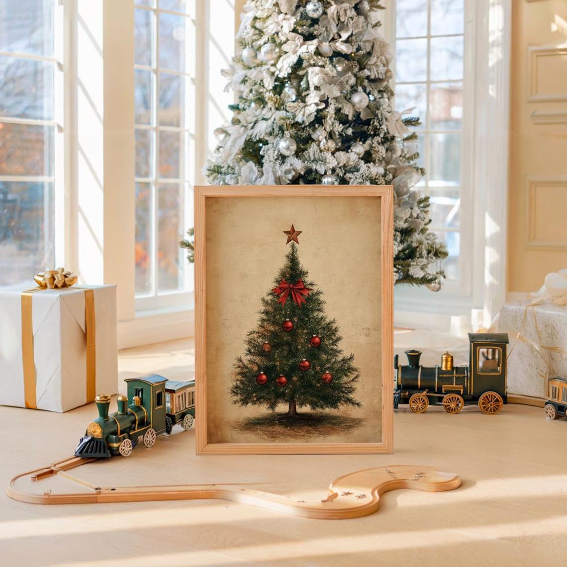 Slim Vintage Christmas Tree With Big Red Bow And Star Poster - Image 4