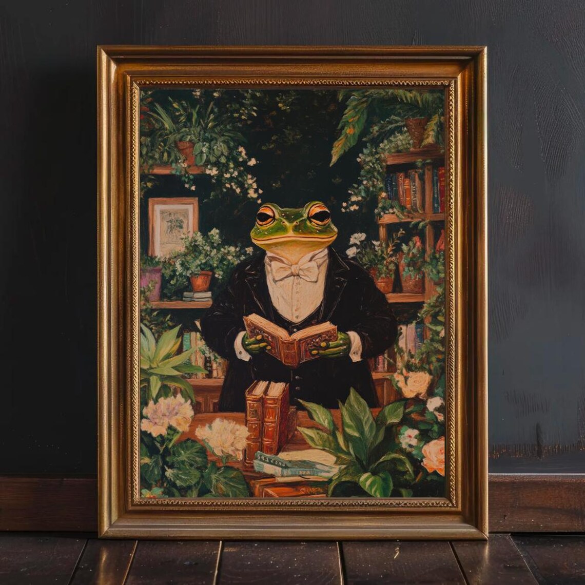 Botanical Vintage Reading Frog, Dark Academia Art