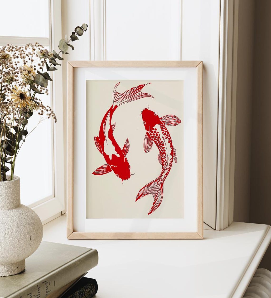 Two Red Koi Fish Dancing Bold Graphic Minimal Japanese Fish Art Poster - Image 3