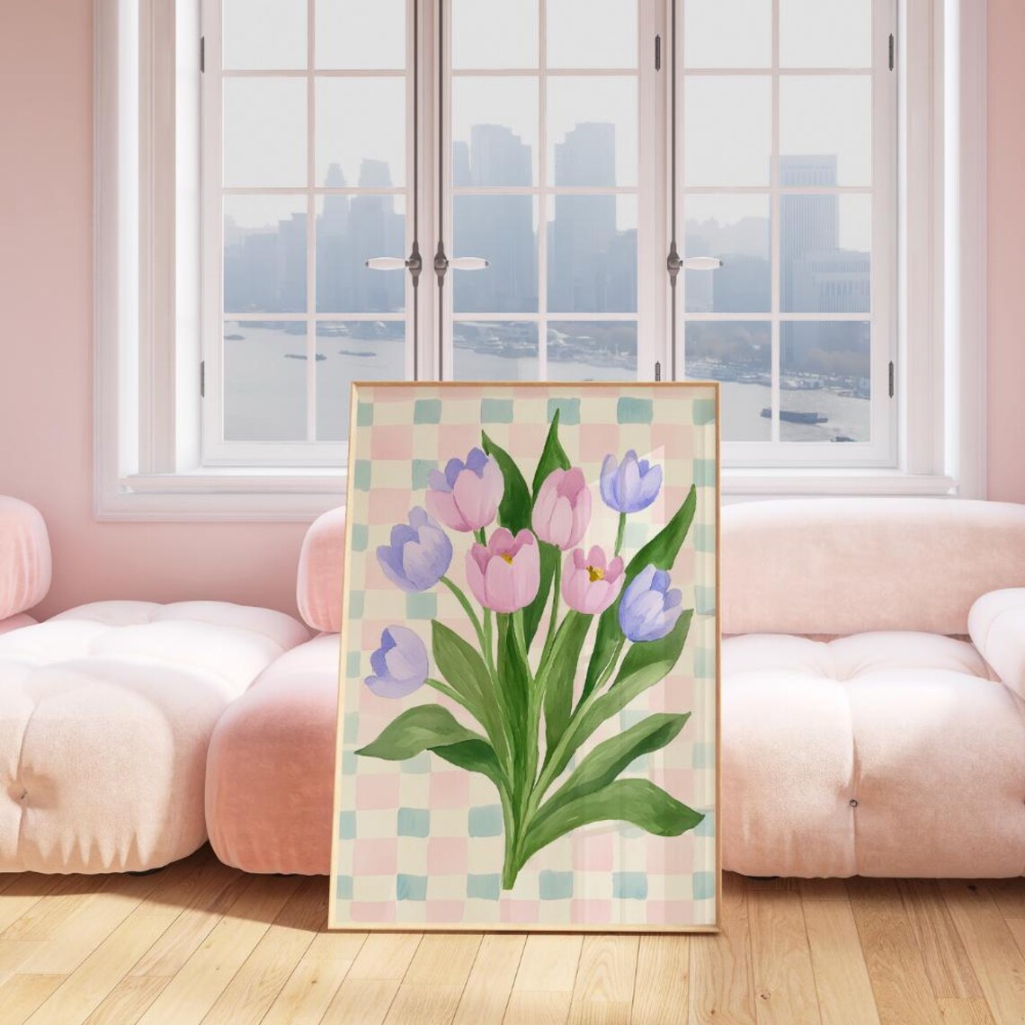 Pink Purple Tulip Bouquet Watercolor Pastel Checkerboard Poster - Image 3