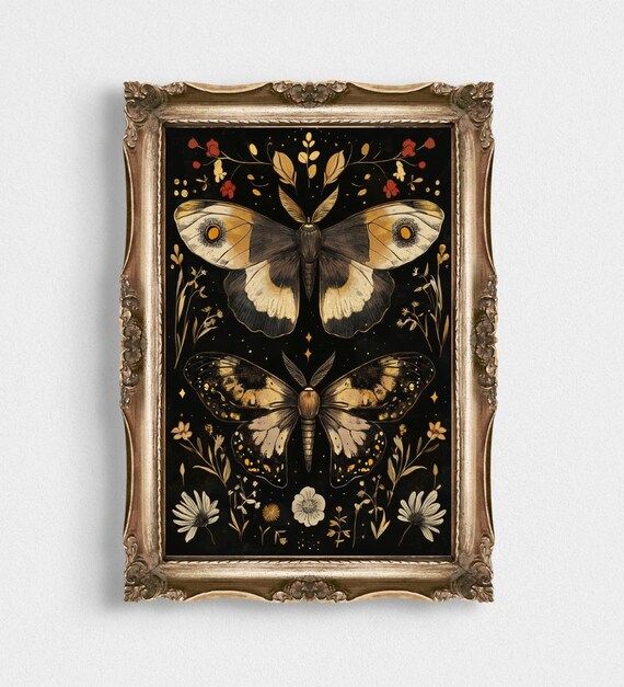 Vintage Moth Botanical Painting Black Gold Floral Cottagecore Poster