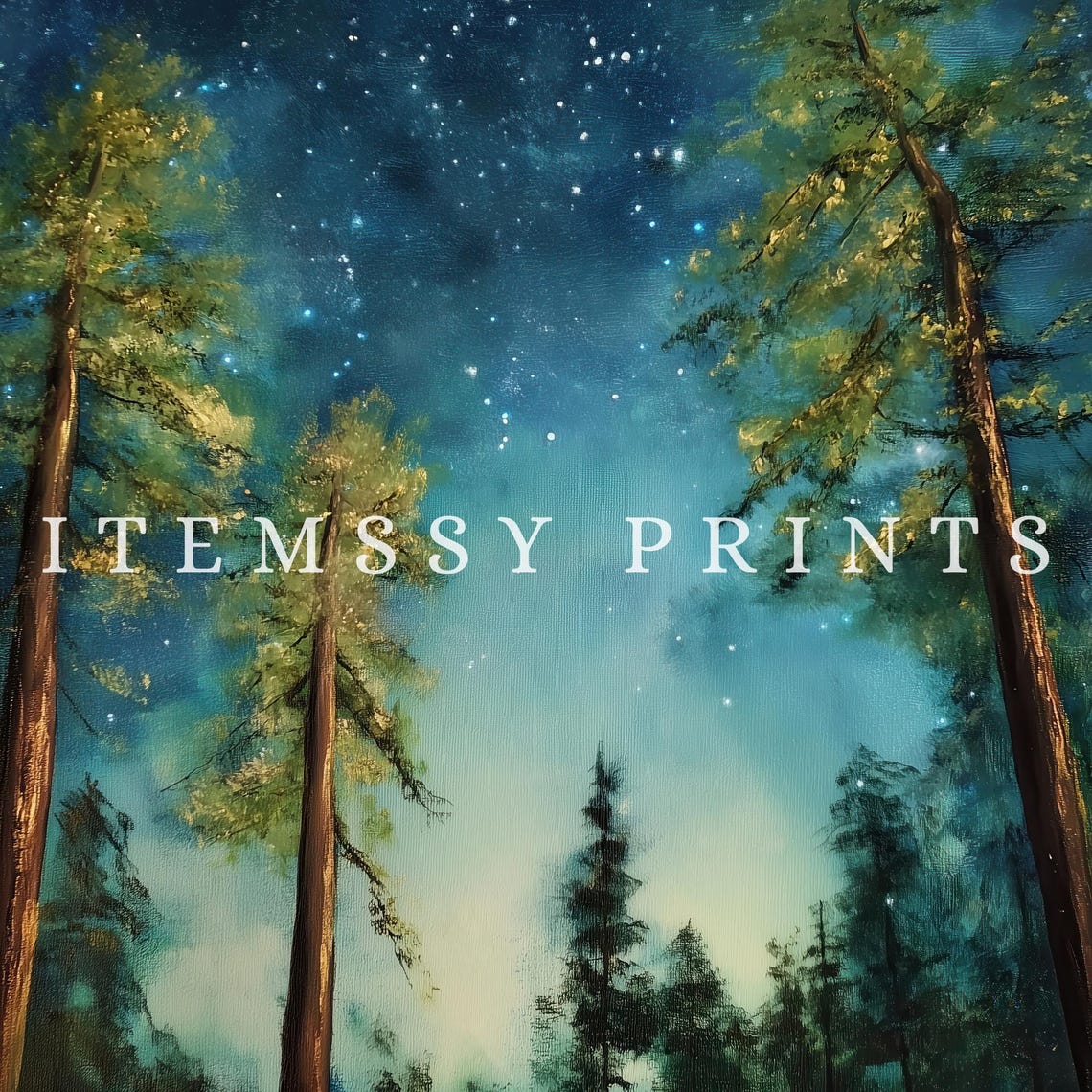 Starry Night Pine Forest Atmospheric Woodland Painting Poster - Image 2