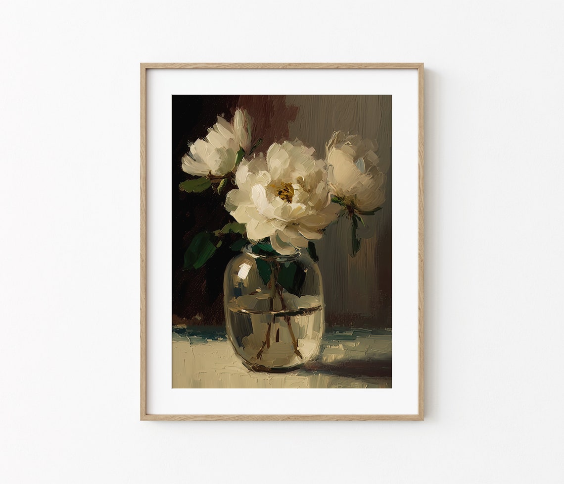 White Peonies In Glass Vase Classic Still Life Elegance Art Poster - Image 3