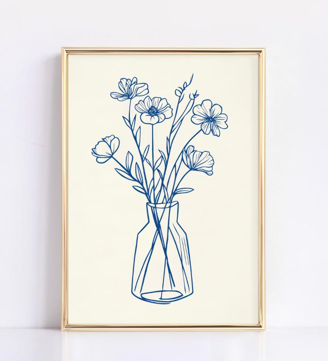 Blue Fine Line Flowers Vase Minimalist Botanical Line Art Poster