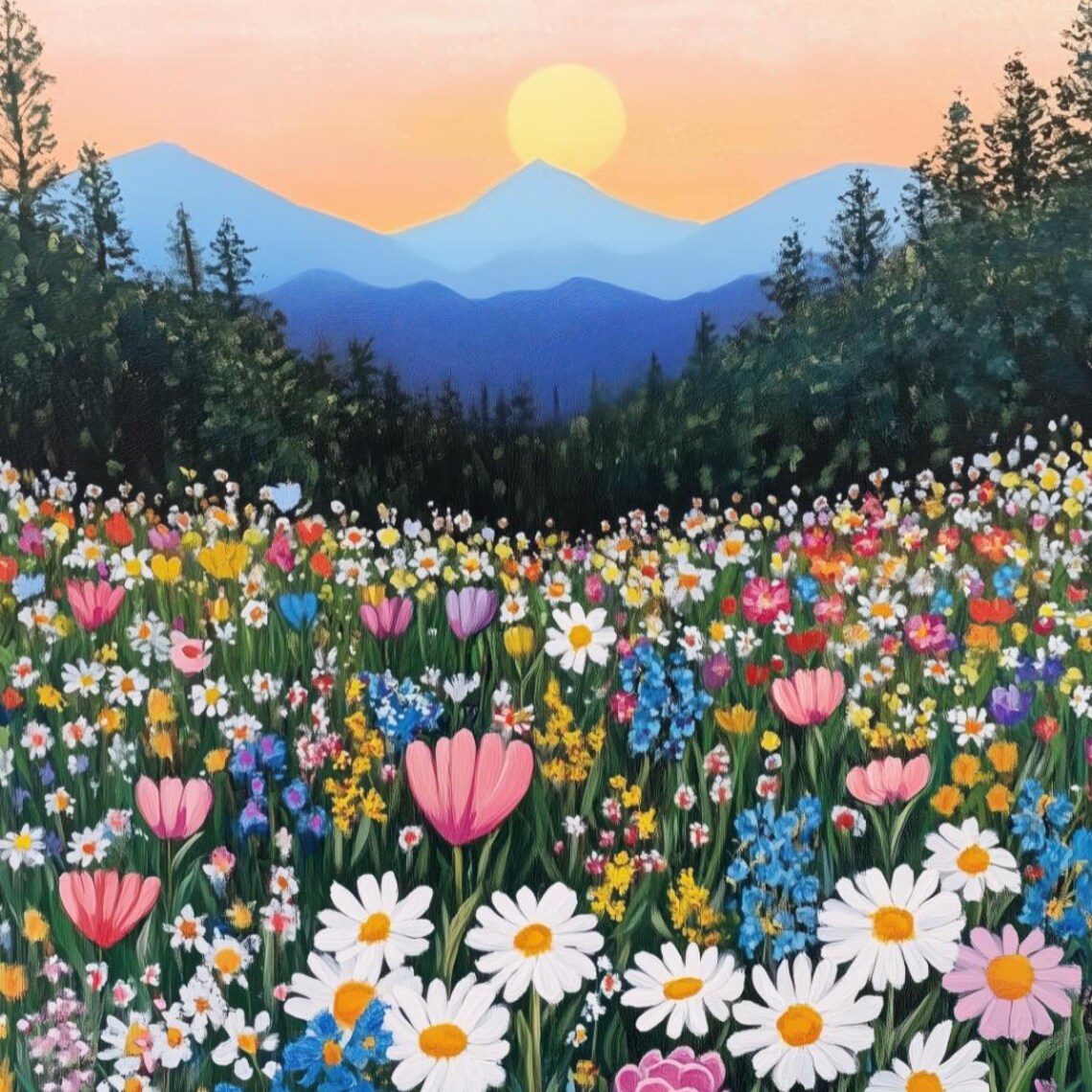 Wildflower Meadow Sunset Mountain Landscape Colorful Floral Wall Poster - Image 2