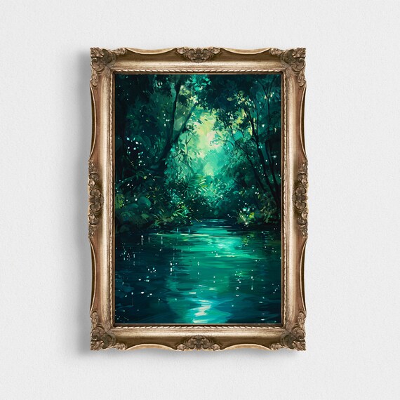 Emerald Forest River Luminous Jungle Waterway Painting Print