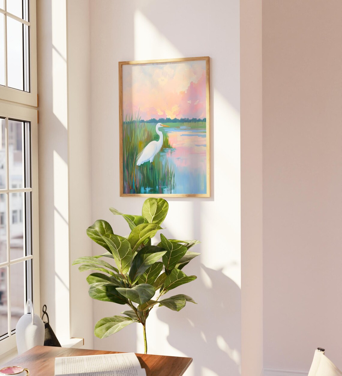 White Egret Marsh Sunset Pastel Coastal Watercolor Art Poster - Image 3